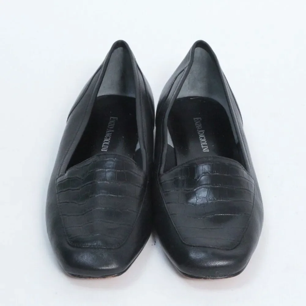 Enzo Angiolini Women's Black Croc Embossed Leather Square Toe Ballet Flats 8M